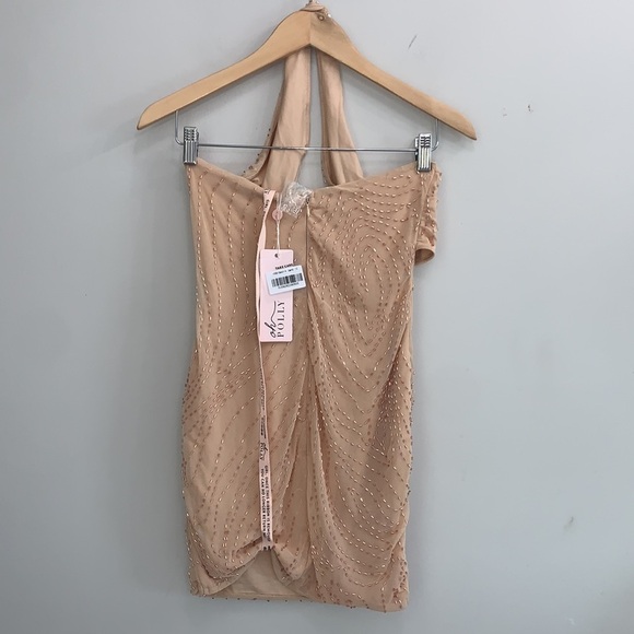 Oh Polly TOULOUSE Embellished Twist Neck Mini Dress in Sand - Picture 9 of 9